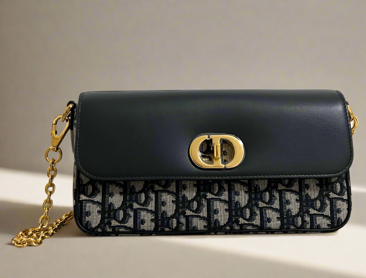 DIOR - 30 Montaigne Avenue East-West Double Carry Mini Bag Blue Dior Oblique Jacquard and Smooth Calfskin