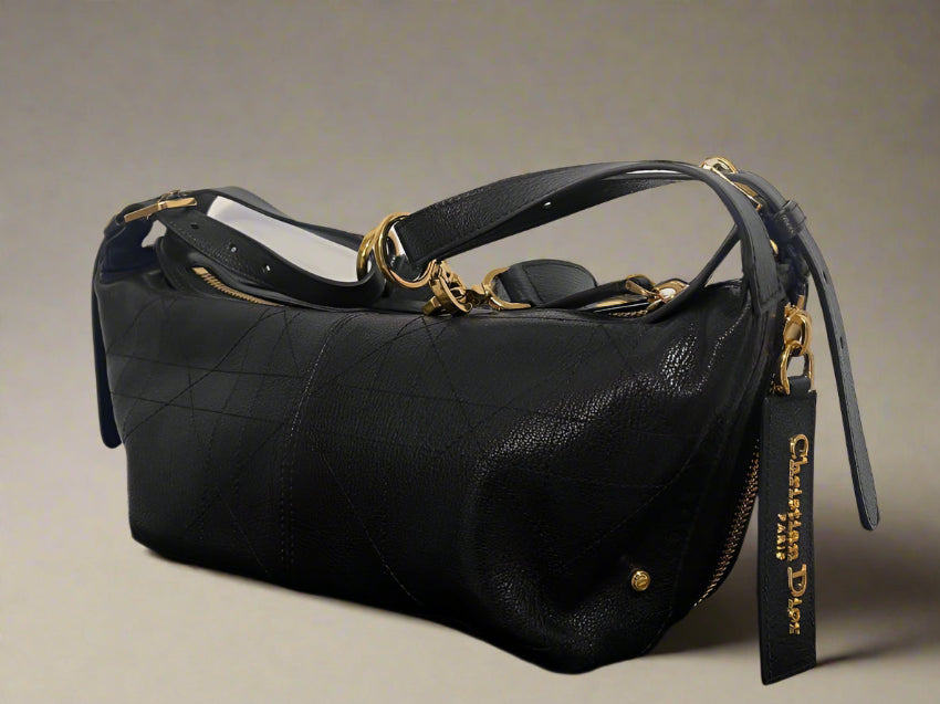 DIOR -Small D-Journey Bag in Crinkled Calfskin Black Flat Macrocannage - WOMEN