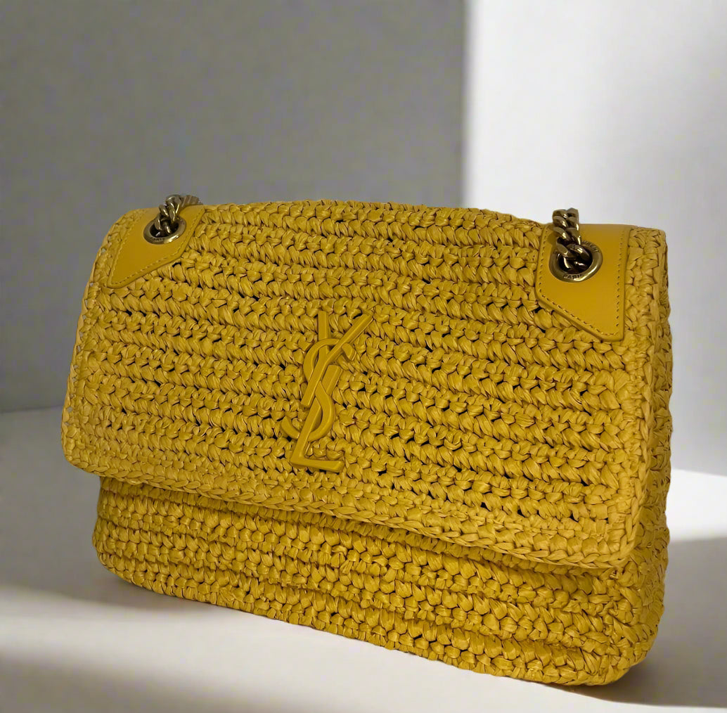 Saint Laurent Raffia Calfskin Monogram Medium Niki Chain Satchel Yellow - Women