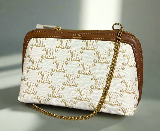 CELINE - Clutch with Chain in Triomphe canvas and Lambskin White/Tan