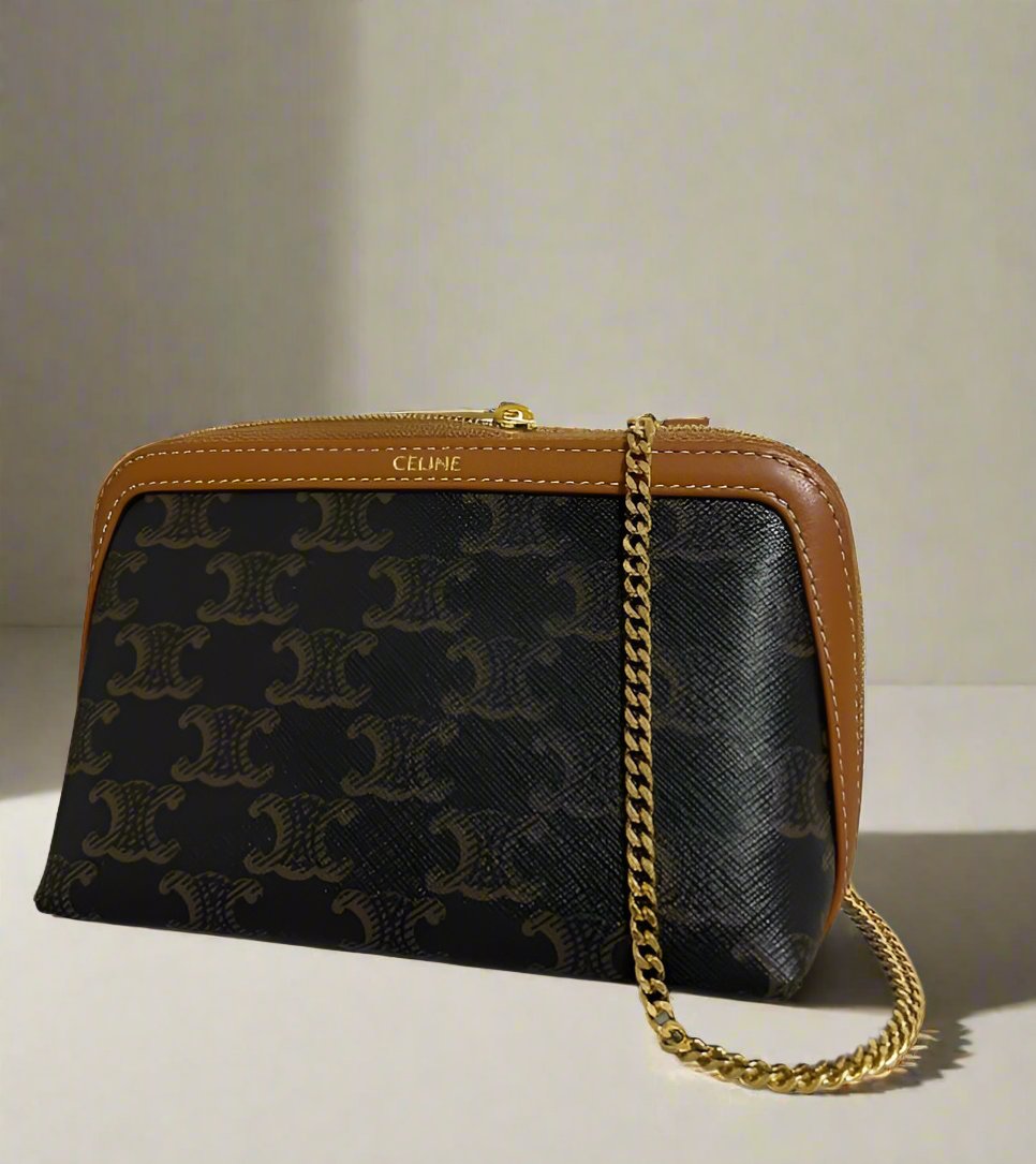 CELINE -Clutch with Chain in Triomphe canvas and Lambskin