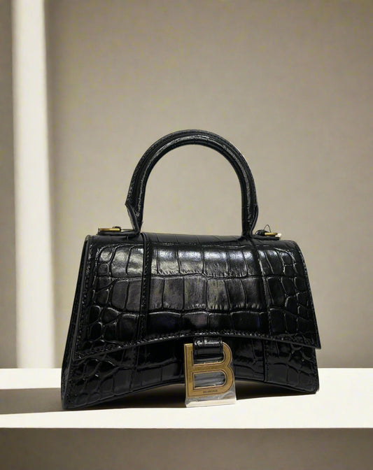 Balenciaga - XS hourglass handbag in black croc and gold hardware - WOMEN