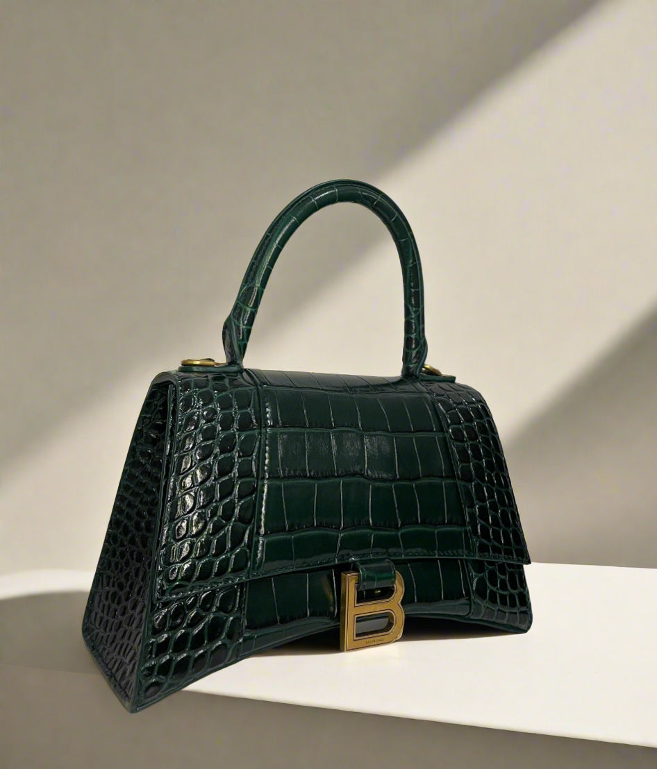 Balenciaga- Calfskin Crocodile Embossed Hourglass Top Handle Bag XS Forest Green - WOMEN
