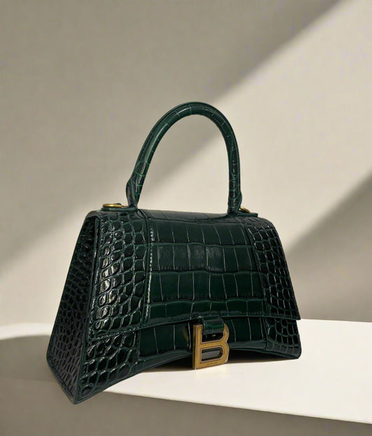 Balenciaga- Calfskin Crocodile Embossed Hourglass Top Handle Bag XS Forest Green - WOMEN